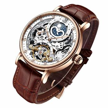 Mens Luxury Skeleton Automatic Mechanical Wrist Watches Leather Moon Phrase Luminous Hands Self-Wind Watch