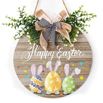 Happy Easter Wooden Hanging Sign Easter Colorful Eggs Bunny Sign Door Decoration Rustic Easter Wood Wreath Sign for Easter Spring Holiday Front Door Wall Rustic Farmhouse Porch Decor 12 x 12 Inch