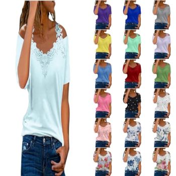 Going Out Tops for Women Lace Summer Halter Neck Cold Shoulder Flower Print Blouse Tops Casual Loose Patchwork Blouse