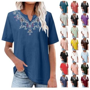 amaon my orders history amàzon shopping Linen Tops for Women Summer Short Sleeve Embroidered Shirts Cotton Cut V Neck Tunic Tops Dressy Casual Blouses your orders open box my orders Dark Blue