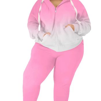 Womens Plus Size Two Piece Outfits Sweatsuits Casual Long Sleeve Set With Pockets Gradient Pink 2XL