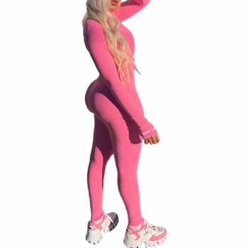 Womens One Piece Bodycon Jumpsuit -Sexy Long Sleeve High Waist Embroidery Zipper Romper Clubwear Pink