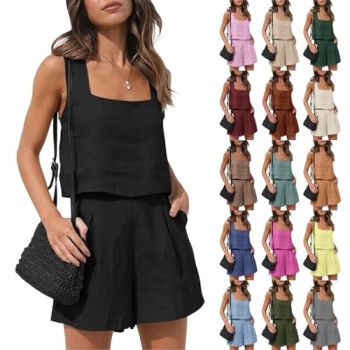 Shorts Boho Sets Women 2 Piece Outfits Vacation Casual Sleeveless Linen Outfits 2024 Trendy Shorts Matching Sets