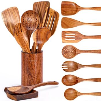 9 Piece Natural Teak Wooden Kitchen Utensil Set