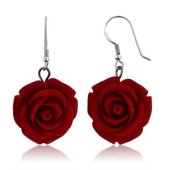 20MM 925 Sterling Silver Red Simulated Coral Carved Rose Flower Earrings