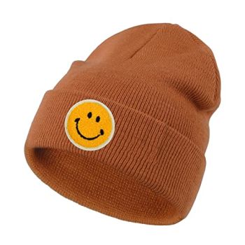 Womens Beanies for Winter Knit Smile Face Beanie Hat Embroidered Cuffed Slouchy Beanies for Women Dark Orange