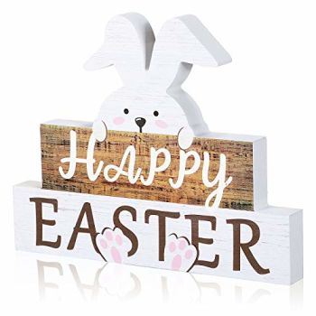 Happy Easter Bunny Table Sign Easter Wooden Block Table Sayings Easter Wooden Table Decor Rustic Farmhouse Bunny Holiday Decorations for Spring Easter Decor (White