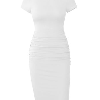 Women's Ruched Casual Sundress Knee Length Bodycon Sheath Dress (Cream White