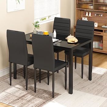 5 Piece Kitchen Table Set,Dining Table Set for 4,Tempered Glass Table Top and 4 Faux Leather Chairs,for Dining Room,Kitchen,Apartment,Small Space,Black