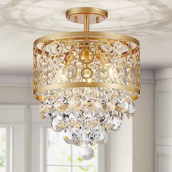 Crystal Drum Chandelier Flushmount Ceiling Light Modern Lighting Fixture for Entry Hallway Kitchen Bathroom Bedroom