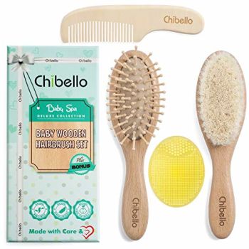 4 Piece Wooden Baby Hair Brush and Comb Set Natural Goat Bristles Brush for Cradle Cap Treatment Wood Bristle Brush for Newborns and Toddlers Perfect for Baby Shower and Registry