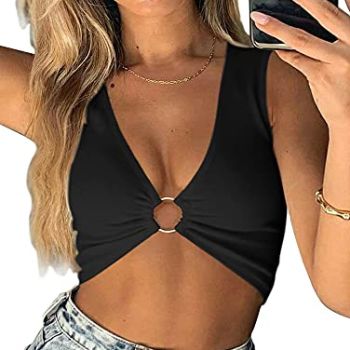 Sexy Crop Tops for Women Sleeveless Deep V Neck Workout Tops Plunge Ring Cleavage Cropped Tank Top Black M