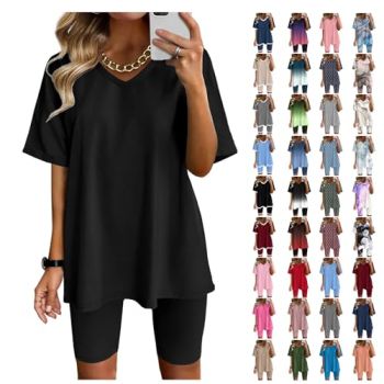 2 Piece Lounge Set Women Plus Size Short Sleeve V Neck Tops And Skinny Biker Shorts Outfit Tie Dye Summer Tracksuit