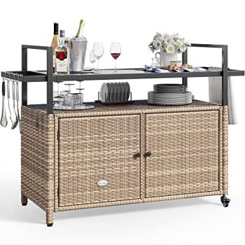 Large Outdoor Kitchen Wicker Island Rolling Cart &Bar Table