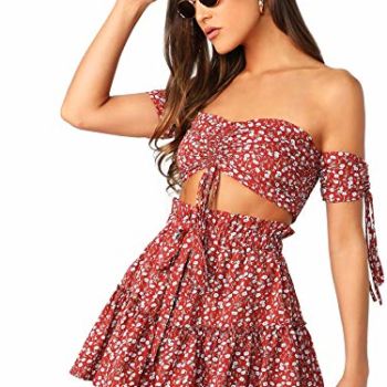 Women's Two Piece Outfit Floral Off Shoulder Drawstring Crop Top and Skirt Set A Red Floral L