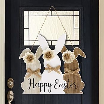 Easter Decorations Front Door Hanger: Cute Wooden Bunny Happy Easter Wreath Door Sign