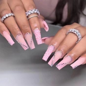 Coffin Valentine’s Day Press on Nails Pink Medium Long Fakes Nails Rhinestone Women's Bling Acrylic False Nails Full Cover Matte Nails Art Manicure Decoration