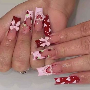 Press on Nails Long Rhinestone Pink Fake Nails Black Nails Square Bling Glossy 3D Flower False Nail Tips Artificial Nails Finger Manicure for Women and Girls-24pcs (Long Nails 3)