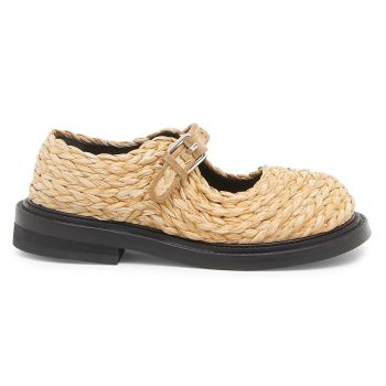 , Suede-Trimmed Raffia Mary Janes, 38 (8), Natural