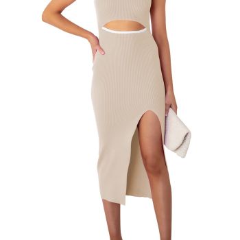 Cutout Dresses for Women Sexy Sleeveless Knee Length Cocktail Bodycon Ribbed Midi Dress Apricot XS