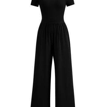 Women's Summer One Piece Jumpsuits Dressy Casual Short Sleeve Square Neck Wide Leg Jumpsuit Rompers (Black,X-Small)