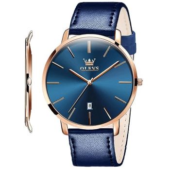 Mens Ultra Thin Leather Watches Large Dial Navy Blue