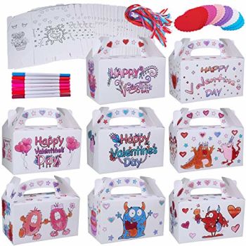 48 Sets Valentine's Day Treat Boxes DIY Color Your Own Paintable Monster Prints Goodie Boxes Party Favor Boxes Valentines Container Candy Box