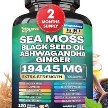Sea Moss 7000mg Black Seed Oil 4000mg Ashwagandha 2000mg Turmeric 2000mg Bladderwrack 2000mg Burdock 2000mg & Ginger Vitamin C Vitamin D3