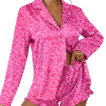 Womens Silky Loungewear Loose Satin Sleepwear Classic Long Sleeve Two Piece Pajama Set Hot Pink Leopard S