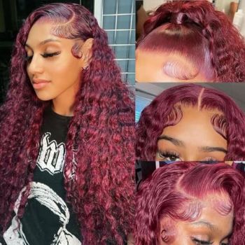 99j Burgundy Lace Front Wigs Human Hair 13x6 HD Transparent Deep Wave Lace Frontal Wigs Natural Hairline Human Hair Wigs for Women Pre Plucked 180% Density(30 Inch)