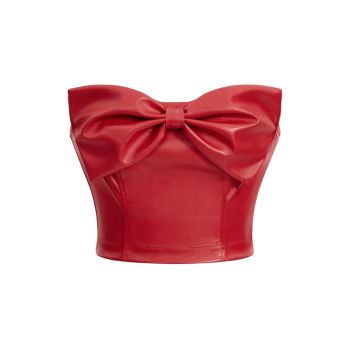 Women's Strapless PU Leather Bow Front Zipper Crop Tube Top Red Medium