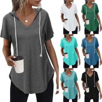 2024 Summer Womens Hoodies Casual Short Sleeve Drawstring Lightweight Hooded Sweatshirt Loose Pullover Tops