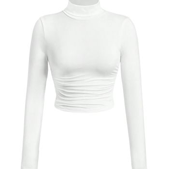 Women's Mock Neck Ruched Crop Tee Y2K Long Sleeve Slim Fit T Shirt Going Out Outfits White L TZQ74