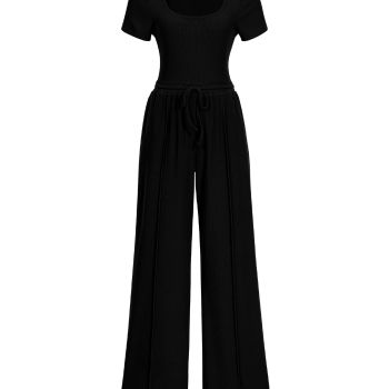 Two Piece Lounge Sets Tracksuit Short Sleeve Bodysuits And Long Pants Suits Shapewear Vacation Outfits For Women(Solid Black