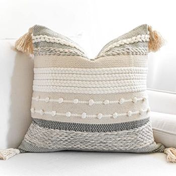 Gray Boho Throw Pillow Cover 20x20 Grey Decorative Accent Pillow for Couch Square Woven Textured Pillowcase Modern Farmhouse Pillow for Bed Bohemian Pillow Cover (Pack of 1)