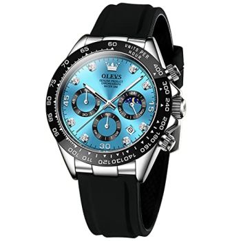 Mens Watches Fashion Sports Chronograph Black Silicone Band Casual Luxury Diamond Date Moon Phase Blue Dial Dress Wrist Watches Waterproof Luminous