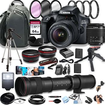 EOS 4000D (Rebel T100) DSLR Camera w/EF-S 18-55mm F/3.5-5.6 Zoom Lens + 420-800mm Super Telephoto Lens + 100S Sling Backpack + 64GB Memory Cards