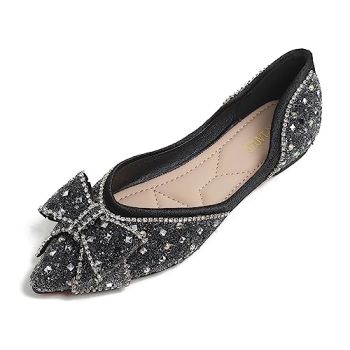 Flats for Women Rhinestone Sequins Dress Shoes Fashion Bow Sparkly Wedding Shoes Comfort Slip On Pointed Toe Ballet Flat Shoe Black -2 Size