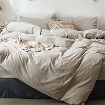 Bedding Duvet Cover Set 100% Washed Cotton Linen Like Textured Breathable Durable Soft Comfy (Tannish Linen Grey