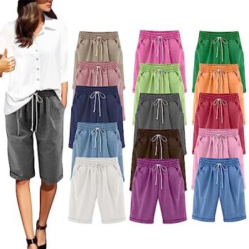 Summer Shorts for Women 2024 Linen Elastic Waist Loose Fit Knee Length Bermuda Shorts Pull On Tie Dye Beach Shorts B-Grey