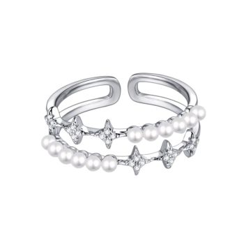 Elegant Pearl Cross Open Statement Rings for Women Girls Sterling Silver Plated Cubic Zirconia Crystal Double Layered