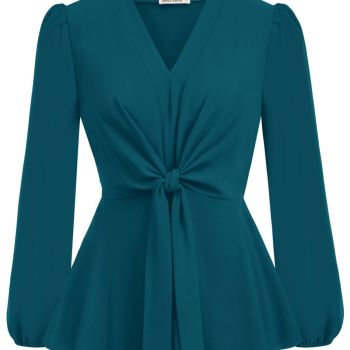 Peacock Blue Peplum Tops for Women V Neck Tie Front Work Shirts Tops Dressy S