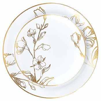 32 Piece Combo Plates Set includes 16-7'' inch Plates & 16-10'' inch Plate White Plastic Floral Design Party Plates With Gold Rim