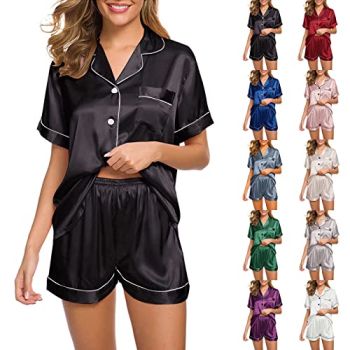 my orders today 2024 Silk Satin Pajama Sets for Women 2024 Summer Plus Size Sexy Y2K Button Down Short Sleeve Sleepwear Tops Shorts 2 Piece Pjs Loungewear Casual Loose Nightwear Black