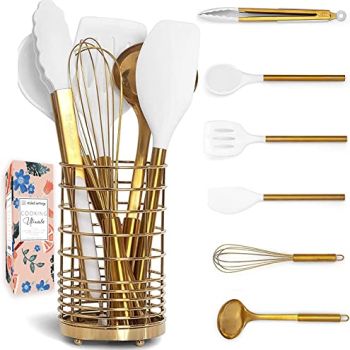 White Silicone and Gold Cooking Utensils Set