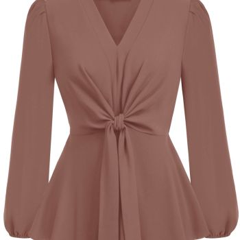 Pink Peplum Tops for Women V Neck Tie Front Work Shirts Tops Dressy S