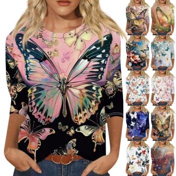 3/4 Length Sleeve Womens Tops Crewneck Cute Shirts Casual Butterfly Printed Tops Three Quarter Length Sleeve Pullover