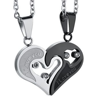 Stainless Steel Mens Womens Couple Necklace Pendant Love Heart CZ Puzzle Matching
