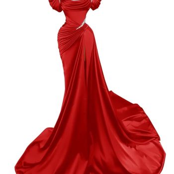 Plus Size Spaghetti Straps Satin Long Prom Dresses 2024 High Split Mermaid Wedding Dress Sparkly Beaded Red Dress for Women Evening Gown 3XL US22W