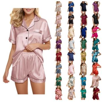 Silk Satin Pajamas Set Women Two-Piece Nightwear Short Sleeve Sleepwear Soft Satin Pj Set Satin Button Down Loungewear